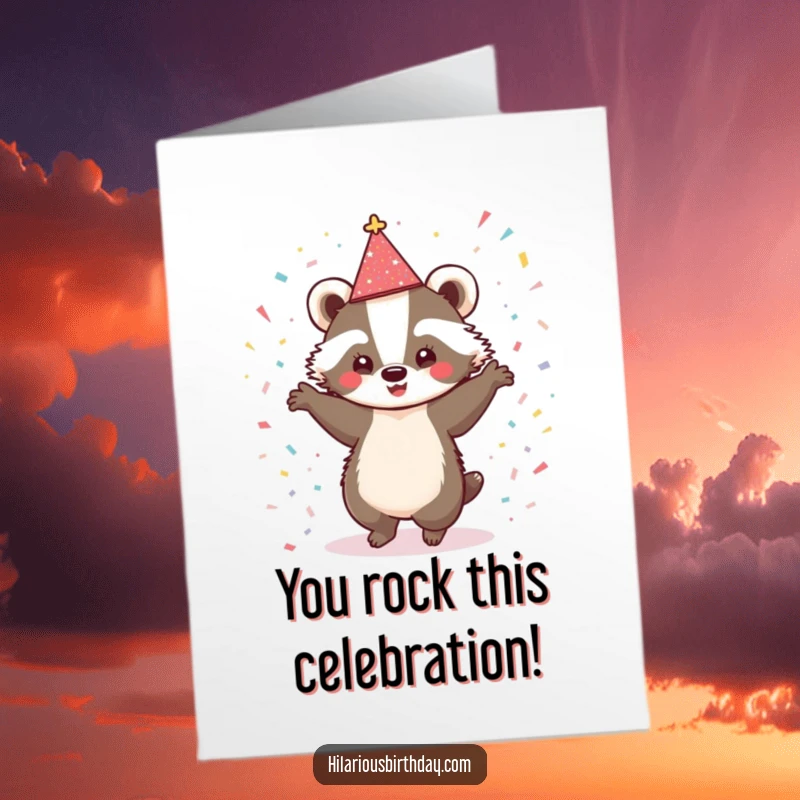 Funny Free Printable Congratulations Card: A cute badger wearing a sparkly hat enthusiastically dances amid a shower of confetti, a celebratory downloadable gift.