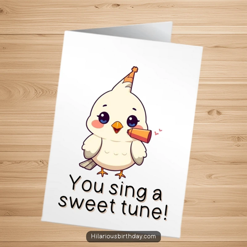 Funny Free Printable Congratulations Card: A cute kawaii bird wearing a tiny party blower, poised to make a celebratory noise.