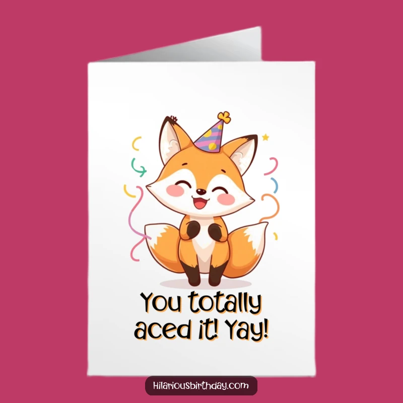 Free Printable Congrats Card: Fox Twirling Streamers, Celebrate with Downloadable Humor