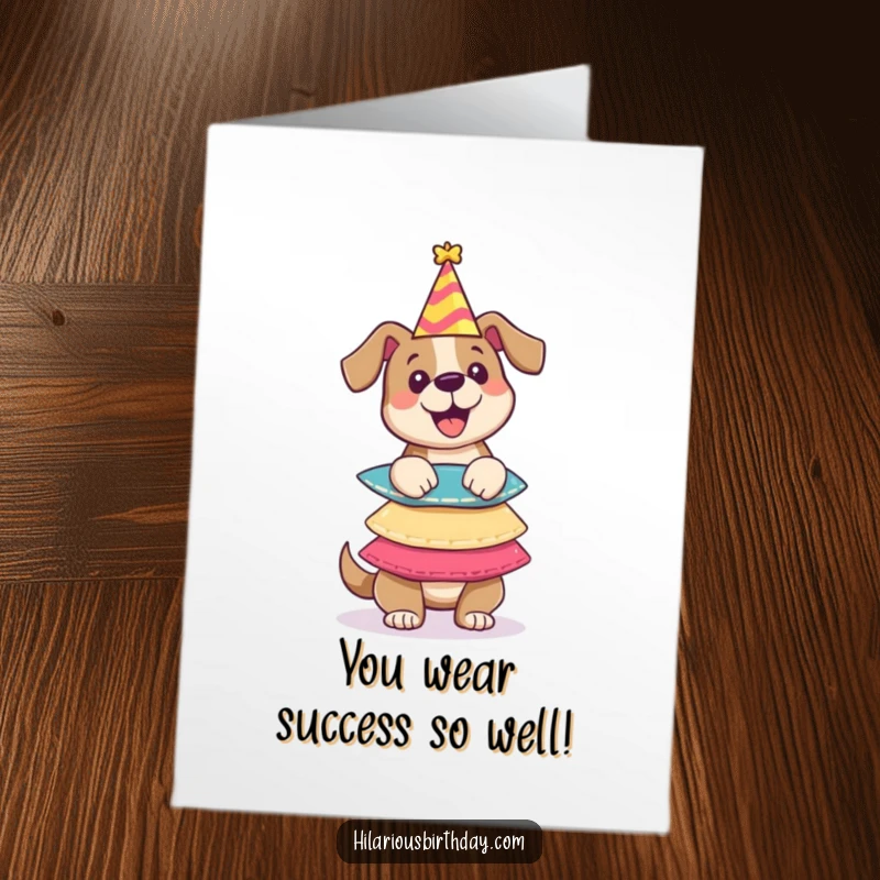 Funny Free Printable Dog Congratulations Card: A silly dog juggling an impressive stack of festive party hats.