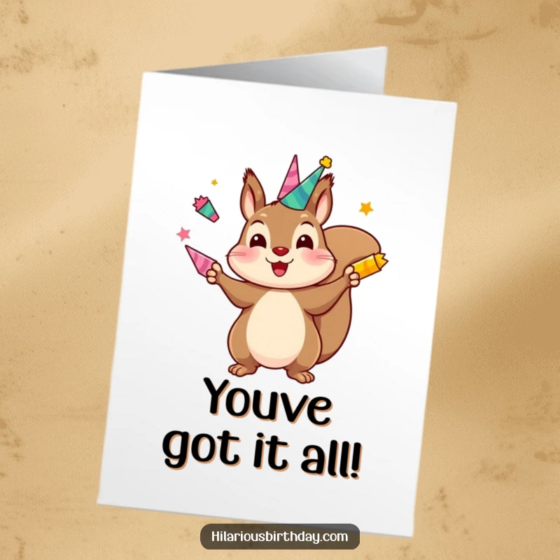 Funny Free Printable Congratulations Card: A kawaii squirrel character in mid-juggle, tossing colorful party horns with impressive skill.