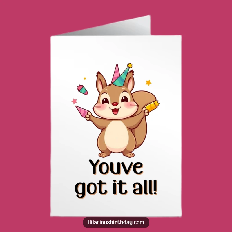 Free Printable Congrats Card: Squirrel Juggling Party Horns, Hilarious Downloadable Cheer