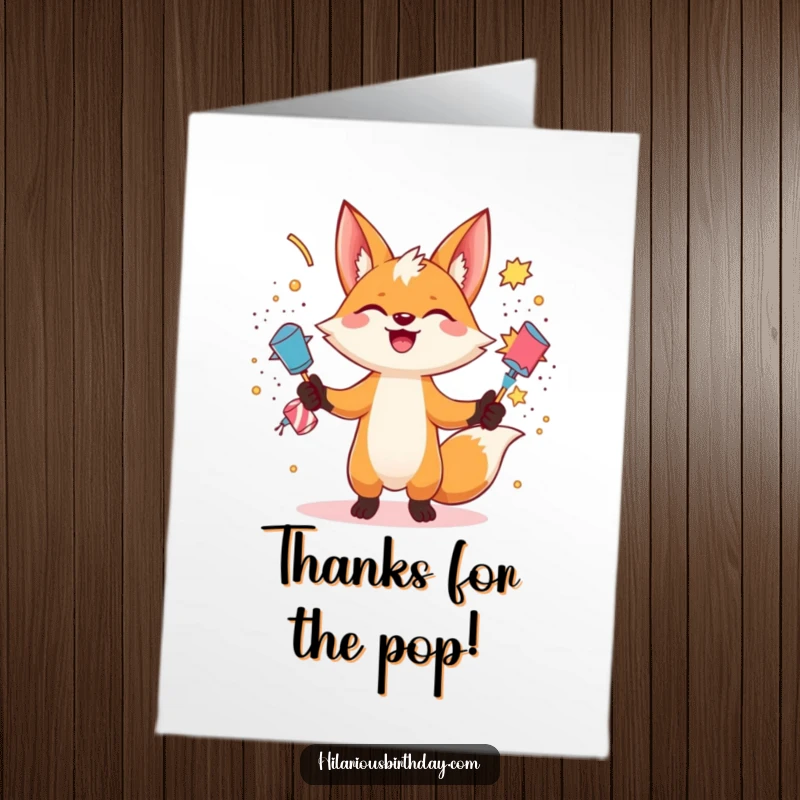 Funny Free Printable Thank You Card: A gleeful fox juggles multiple exploding party poppers, creating a chaotic and cheerful thank you.