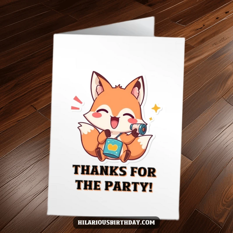Funny Free Printable Thank You Card with a playful fox character shaking a noisemaker, bringing festive appreciation.