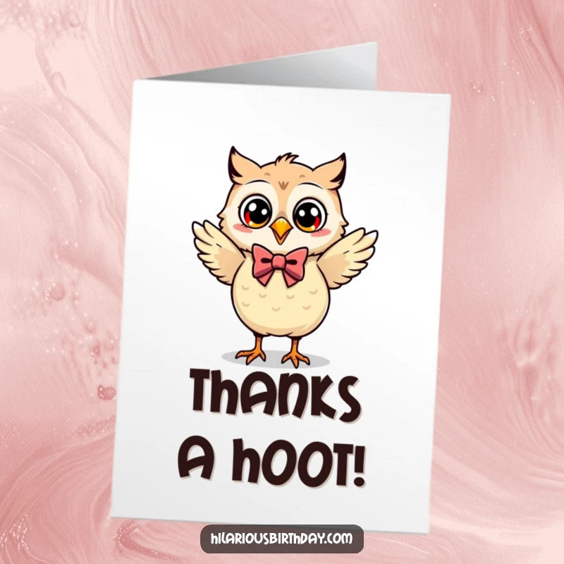 Funny Free Printable Thank You Card: Whimsical Kawaii owl in a bow tie, dancing a thank you jig.