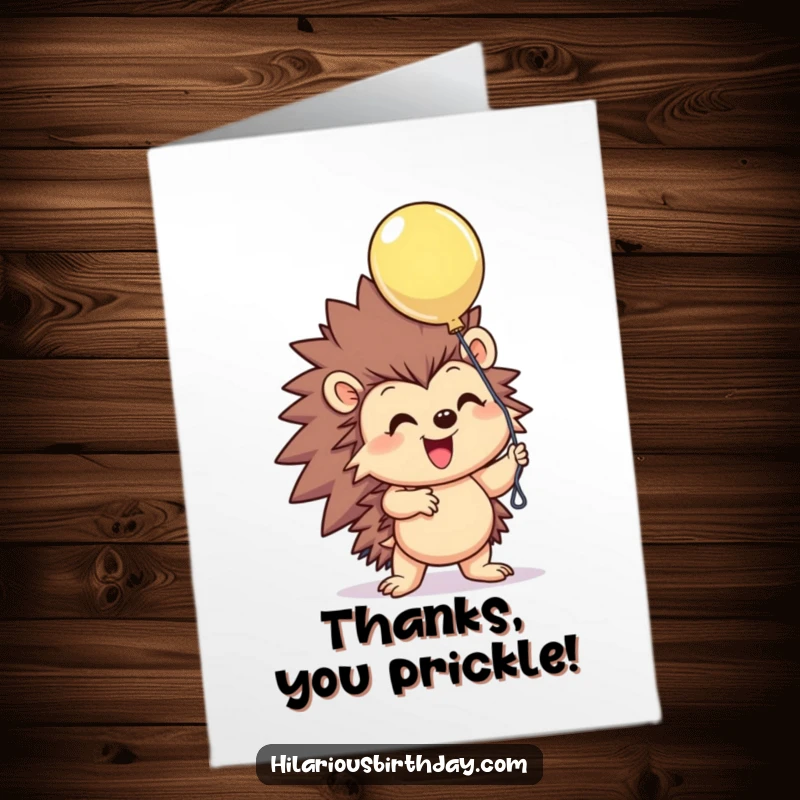 Funny Free Printable Thank You Card: A smiling hedgehog excitedly holds a floating balloon, conveying a happy and grateful thank you.