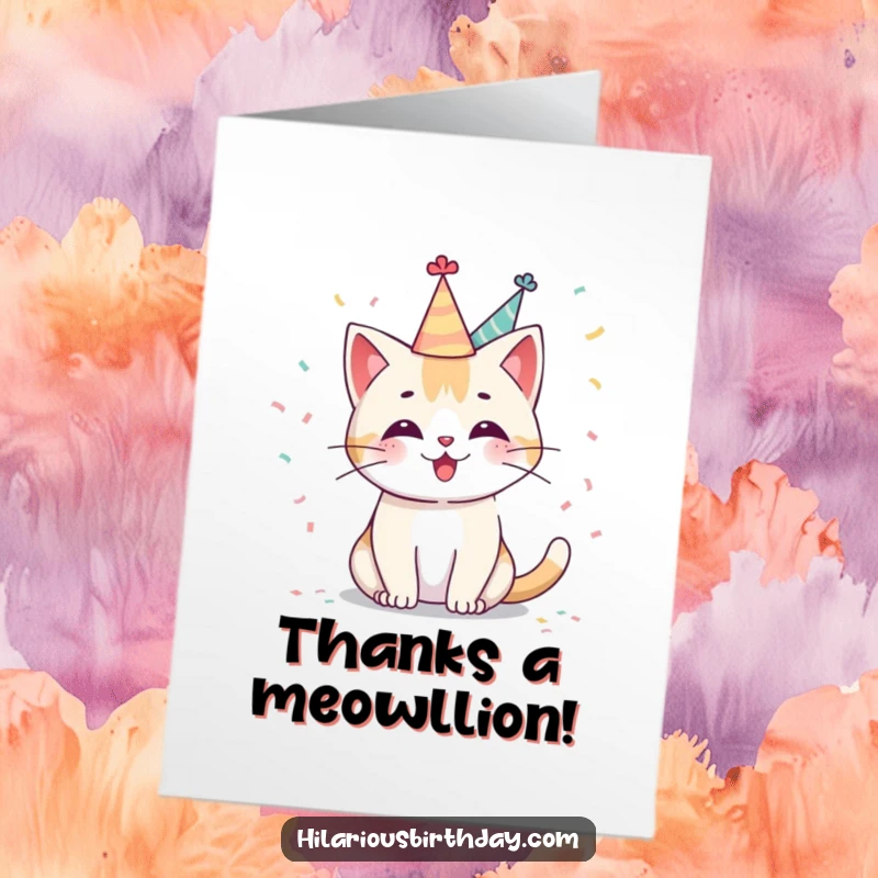 Cute Free Printable Thank You Card: A cheerful Kawaii cat in a party hat tossing confetti, expressing gratitude.