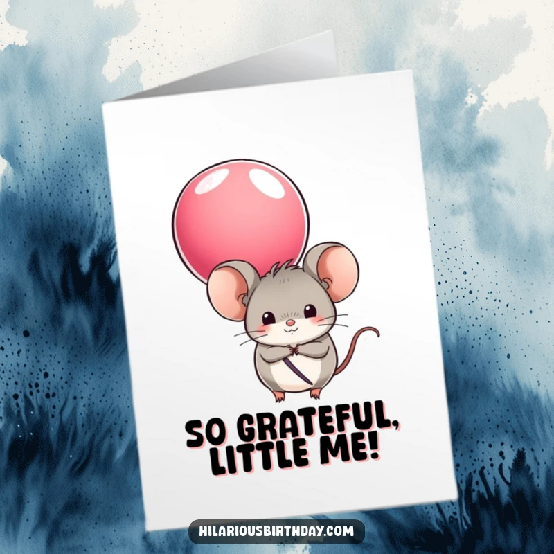 Funny Free Printable Thank You Card featuring a round mouse character hiding behind a colorful balloon, offering a sweet thanks.