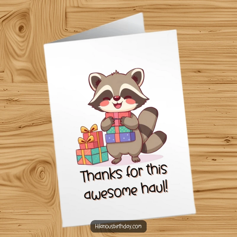 Funny Free Printable Raccoon Thank You Card: A joyful raccoon balances presents, conveying abundant thanks.