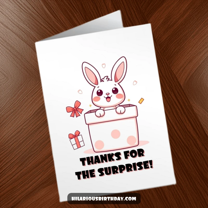Funny Free Printable Thank You Card: Surprised Kawaii bunny emerging from a giant gift box, expressing thanks adorably.