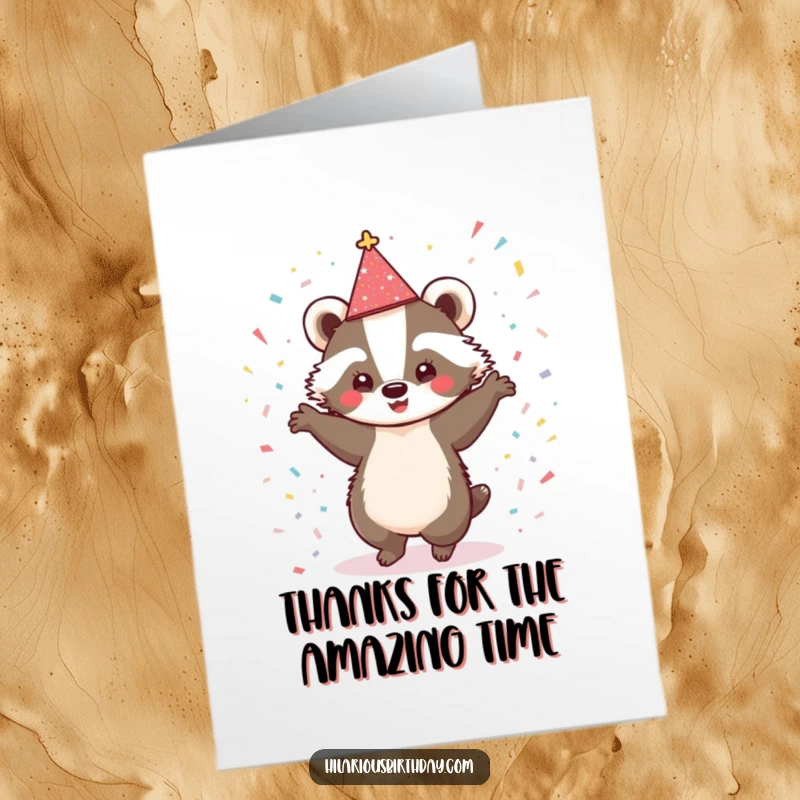 Funny Free Printable Thank You Card: A cute badger in a sparkly hat dancing with excitement, a fun downloadable gift.