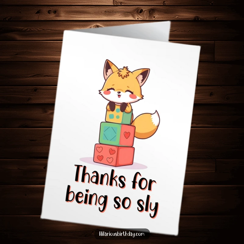 Funny Free Printable Thank You Card: A giggling fox precariously stacking party blocks, offering thanks with a playful spirit.