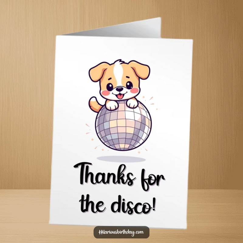 Funny Free Printable Thank You Card: A cute kawaii dog is playfully bouncing on a huge disco ball, sending thanks with flair.
