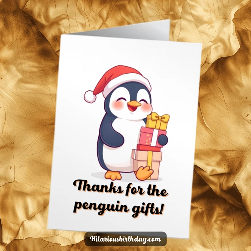 Funny Free Printable Thank You Card: Giggling penguin balancing a tall stack of presents, conveying heaps of gratitude with a smile.