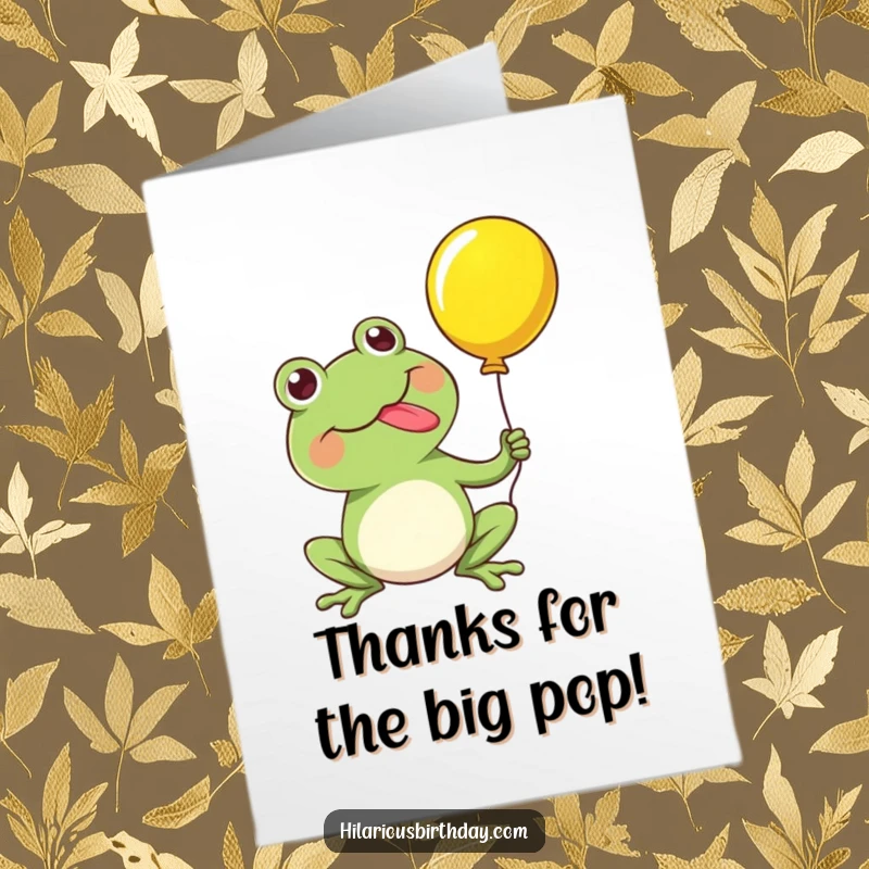 Funny Free Printable Thank You Card: A sweet kawaii frog character happily popping a balloon with its long, sticky tongue.