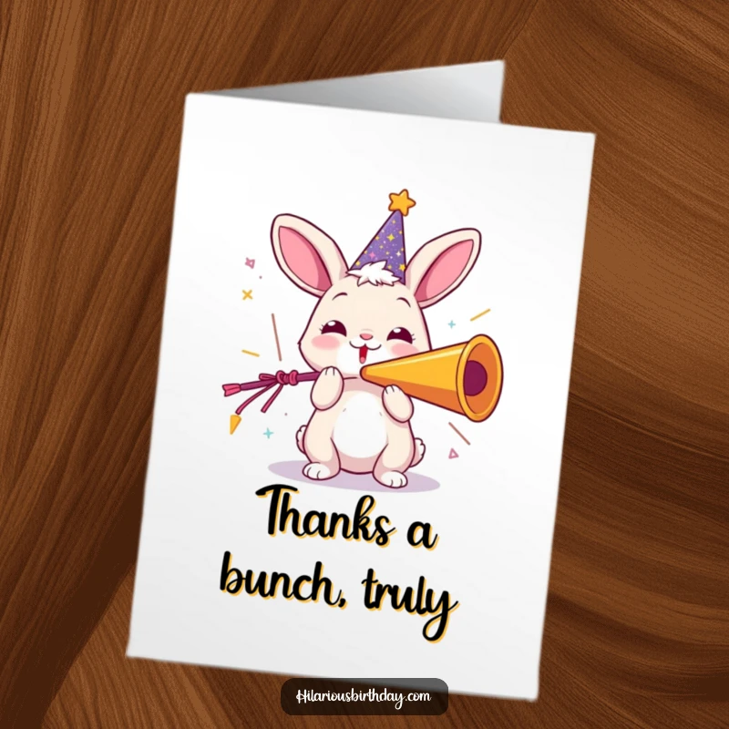 Funny Free Printable thank you card of a playful rabbit in a sparkly hat, joyfully blowing a giant party horn.