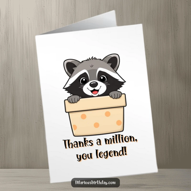 Funny Free Printable Thank You Card: Raccoon peeking from a gift box, conveying thanks with a playful wink.