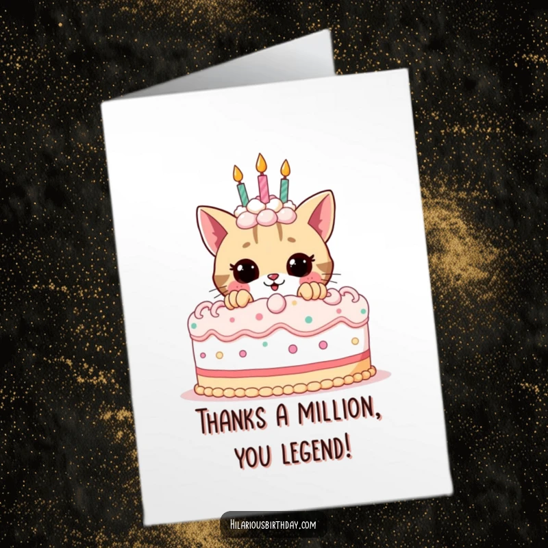 Funny Free Printable Thank You Card: Playful cat peeking from behind a cake, offering thanks with a wink.