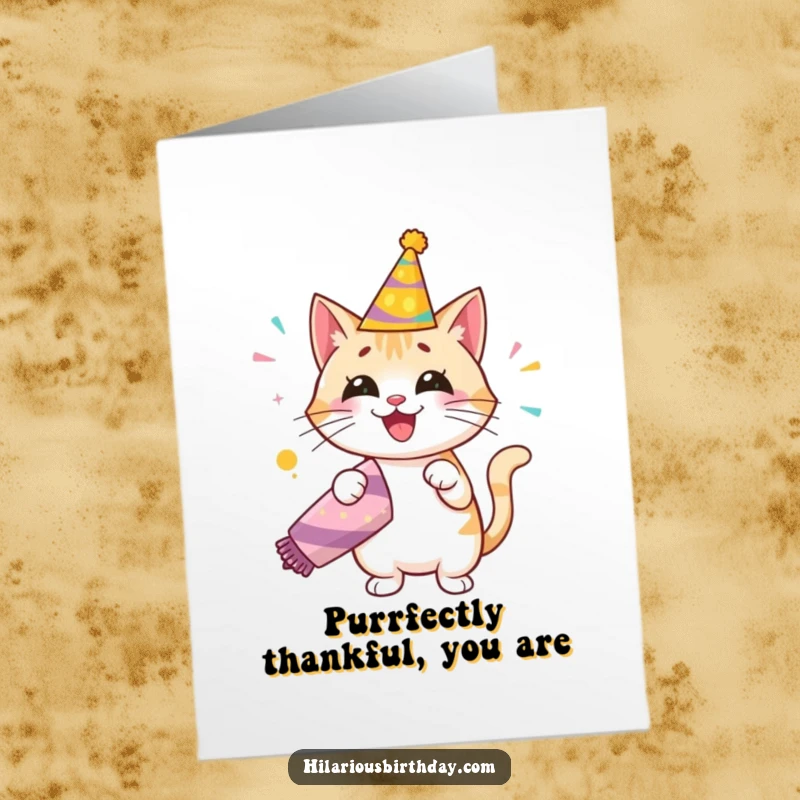 Funny Free Printable thank you card of a happy cat in a festive hat, enthusiastically popping a giant party popper.
