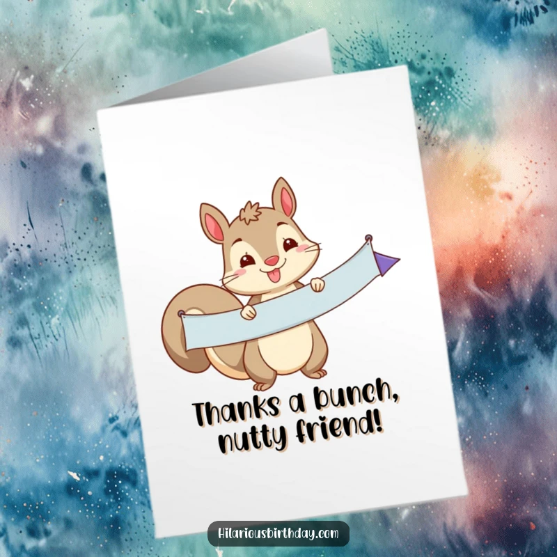 Funny Free Printable Thank You Card: A squirrel beaming while holding a large party banner, perfect for a humorous thank you.