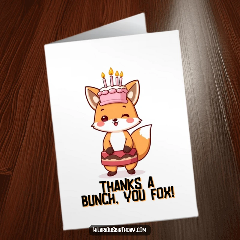 Funny Free Printable Thank You Card: Happy Kawaii fox balancing a cake with candles, expressing thanks uniquely.