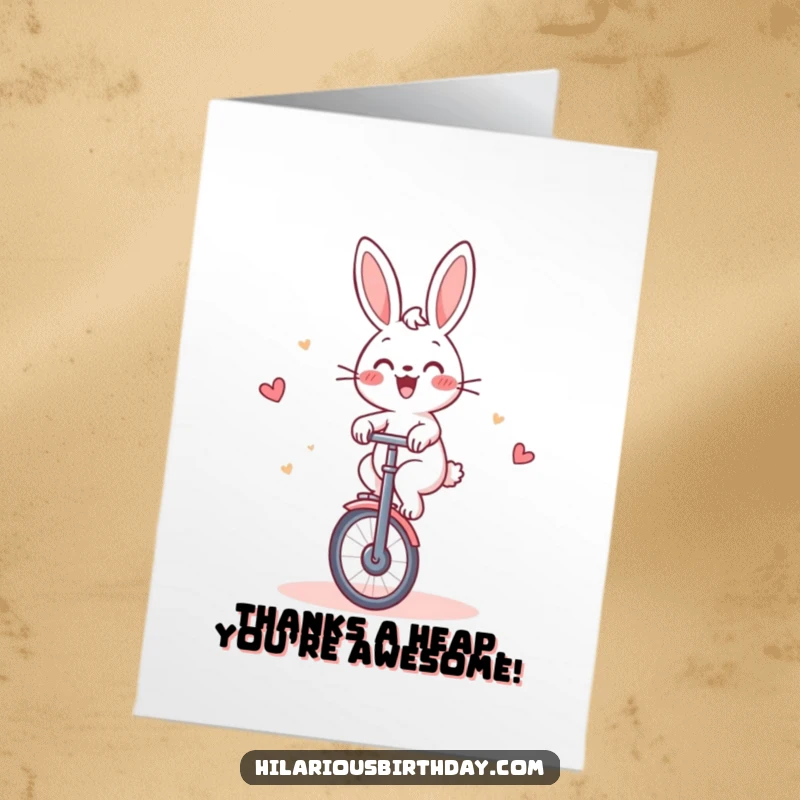 Funny Free Printable Thank You Card: Cheerful rabbit gleefully riding a unicycle, a whimsical way to express thanks, cartoon illustration.