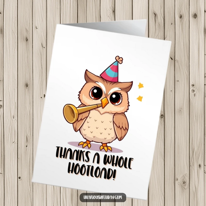 Funny Free Printable Thank You Card: A cheerful owl in a party hat, blowing a trumpet to express sincere thanks.