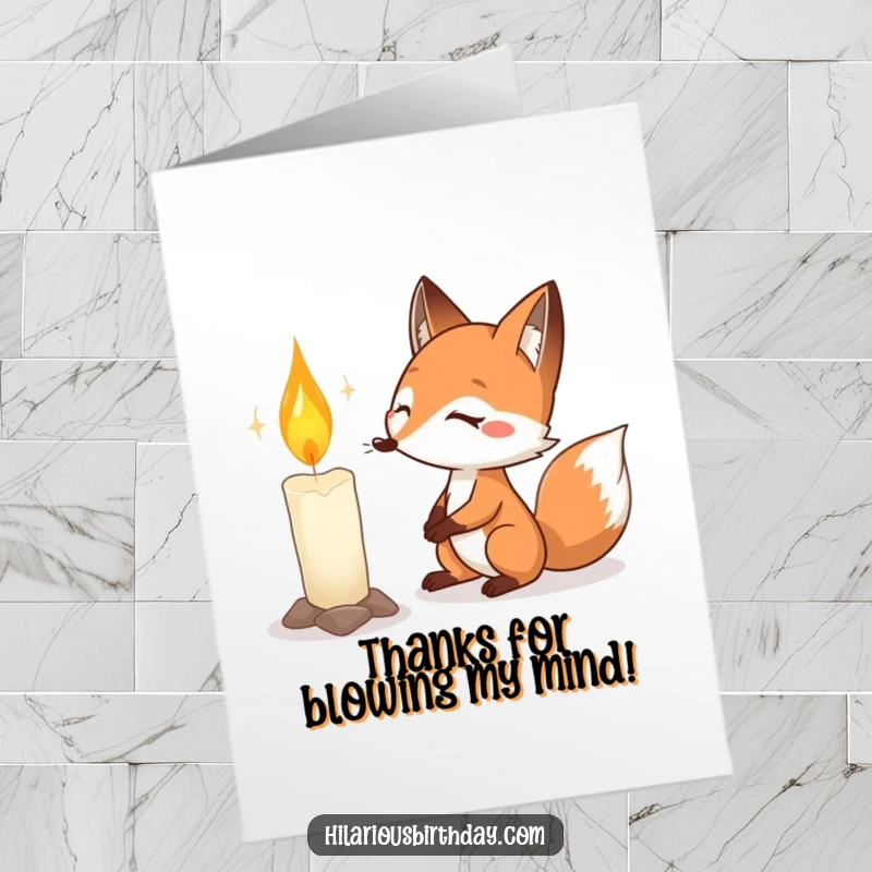 Funny Free Printable Thank You Card illustrating a focused fox making a valiant effort to blow out a massive birthday candle.
