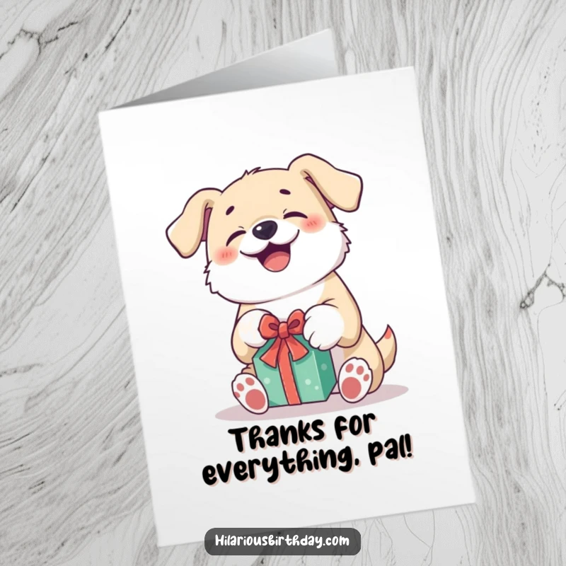 Funny Free Printable Thank You Card: Giggling Kawaii dog happily unwrapping a gift, showing thanks with delight.