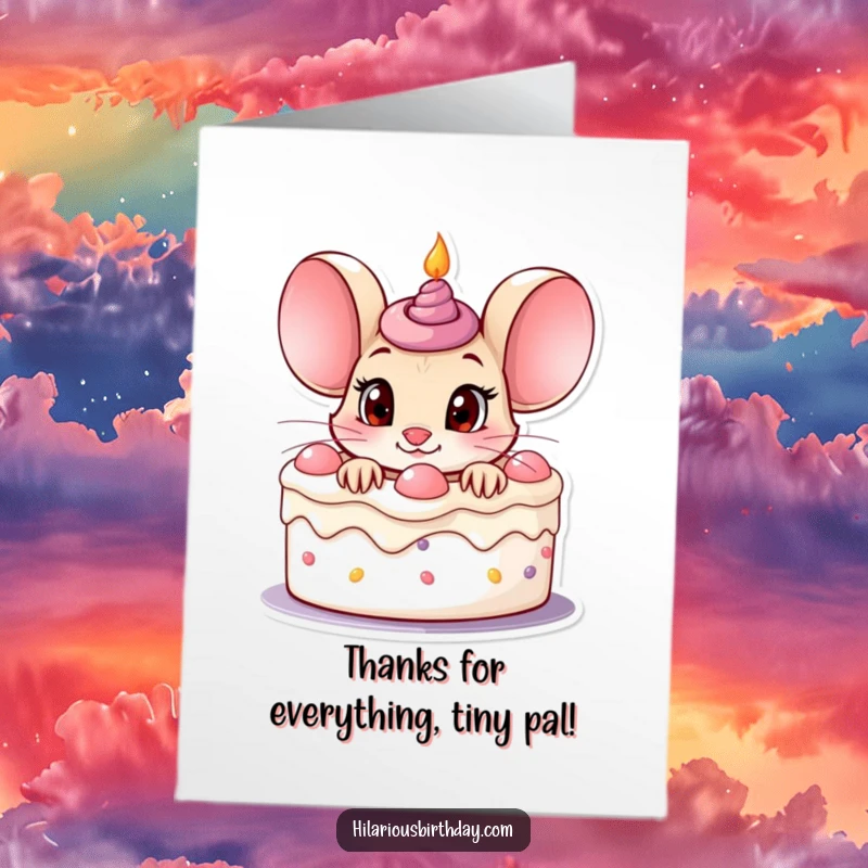 Funny Free Printable Thank You Card: A curious mouse with wide eyes peeks out of a birthday cake, showing thanks.