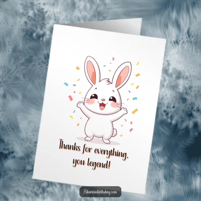 Funny Free Printable Thank You Card with a cheerful rabbit tossing a celebratory shower of colorful confetti.
