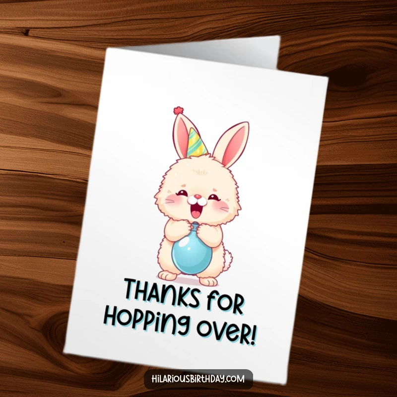 Funny free printable thank you card featuring a bunny in a party hat enthusiastically popping a balloon, sending thanks playfully.