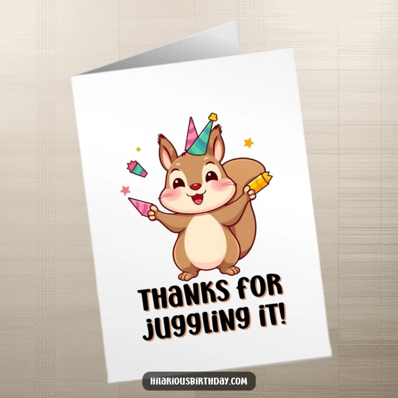 Funny Free Printable Thank You Card: A cheerful kawaii squirrel juggling multiple colorful party horns, showing off its skills.