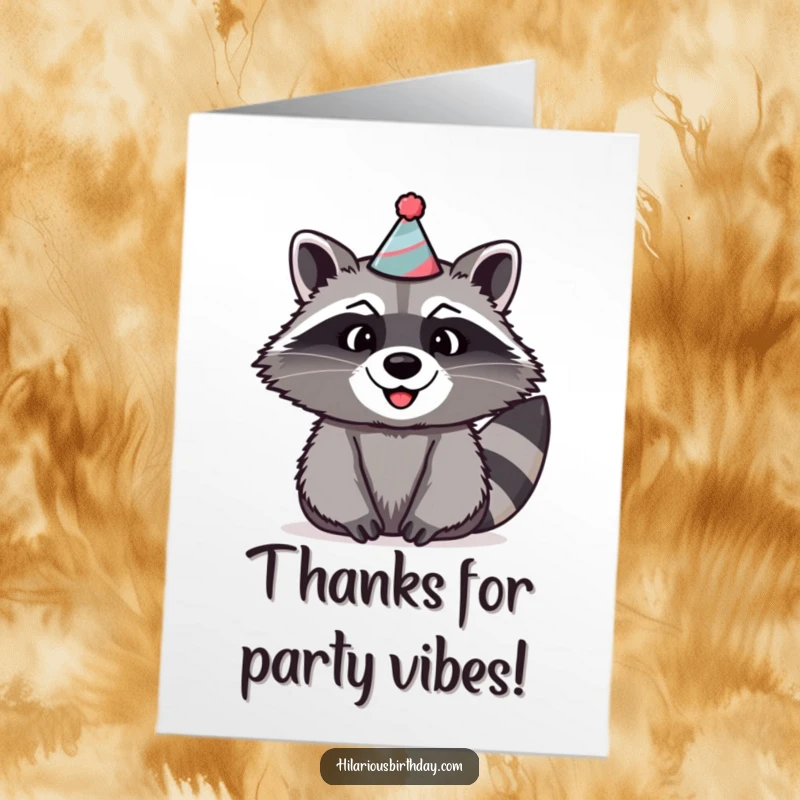 Funny Free Printable Thank You Card features a happy raccoon enthusiastically wearing a funny, oversized party hat to express thanks.