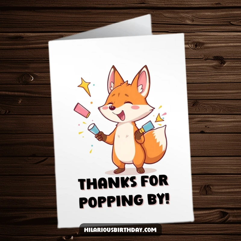 Funny Free Printable Thank You Card: Fox character juggling party poppers with a thankful expression, a festive way to say thank you.
