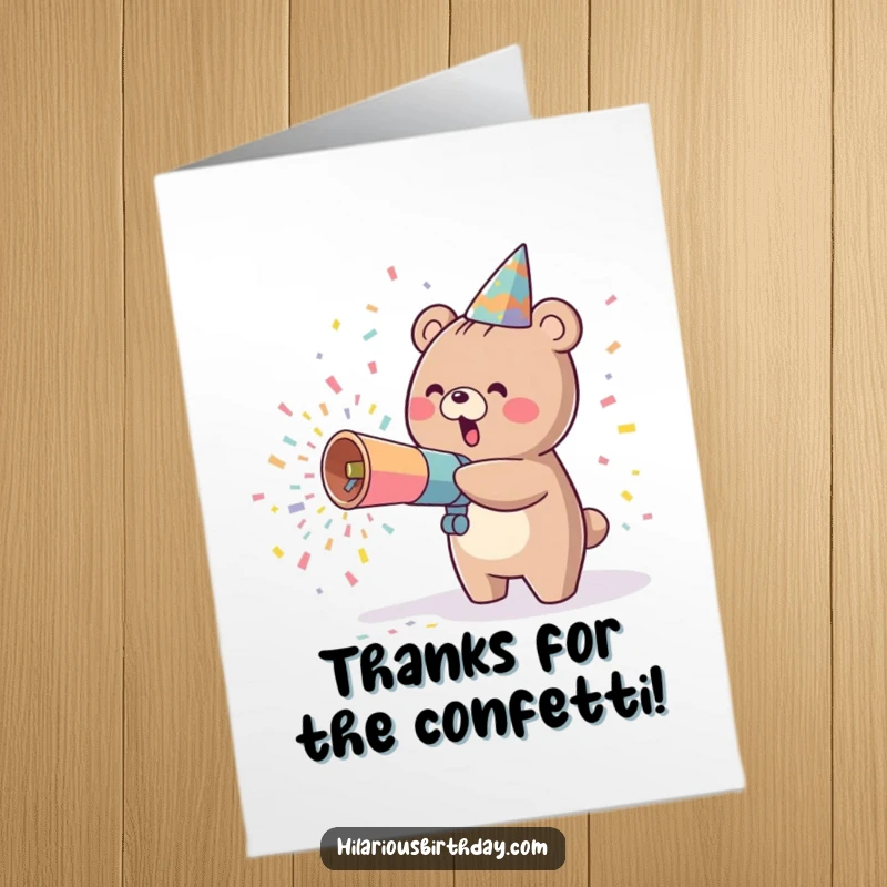 Funny Free Printable Thank You Card: Cute kawaii bear ecstatically fires confetti, expressing big thanks with a smile.