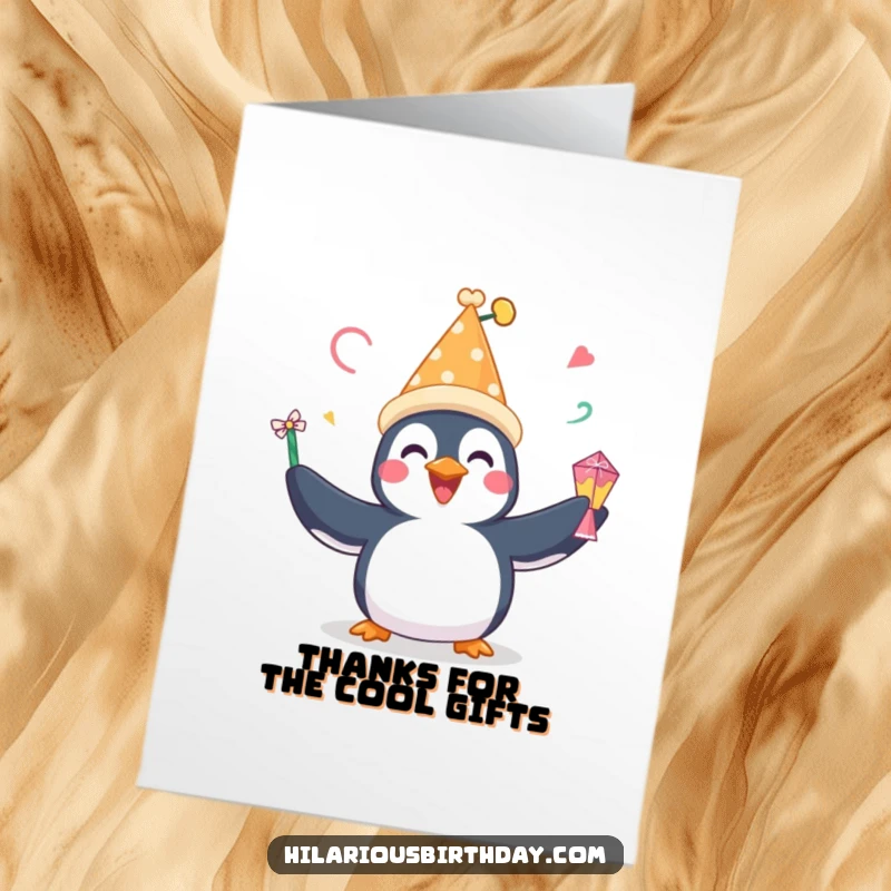 Funny Free Printable Thank You Card: A happy penguin wearing a party hat juggling with flair, a cute downloadable gift.
