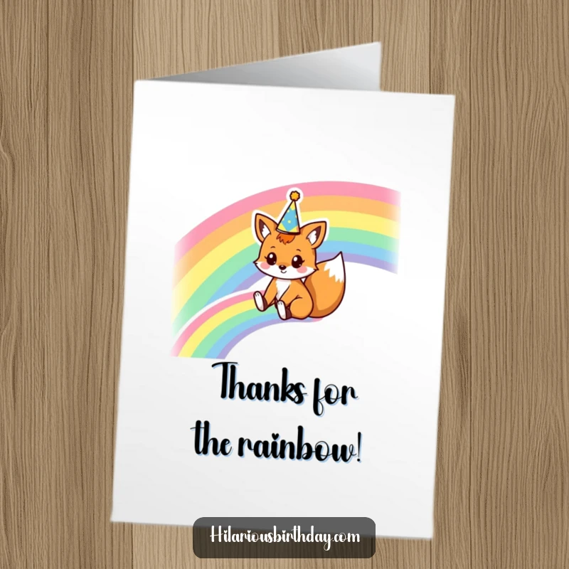 Funny Free Printable Thank You Card: A kawaii fox wearing a party crown, sliding gleefully down a bright rainbow.