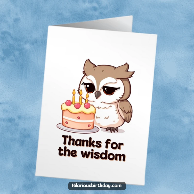 Funny Free Printable Thank You Card: A studious owl examines a whimsical birthday cake, offering a humorous expression of thanks.