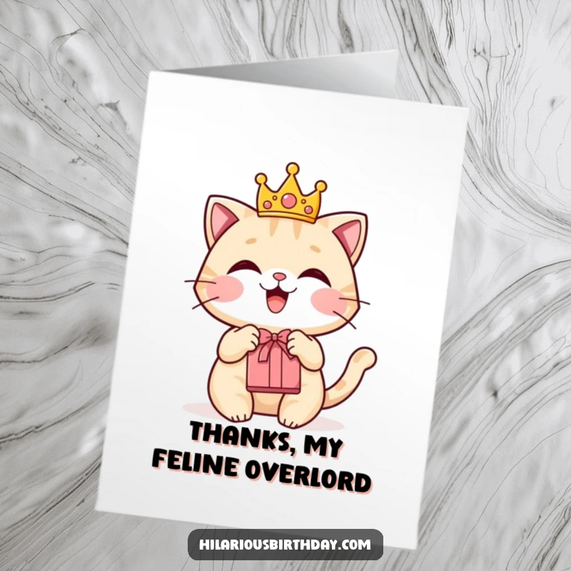 Funny Free Printable Thank You Card: A delighted cat wearing a tiny crown, holding a gift bag, expressing thanks with elegance.