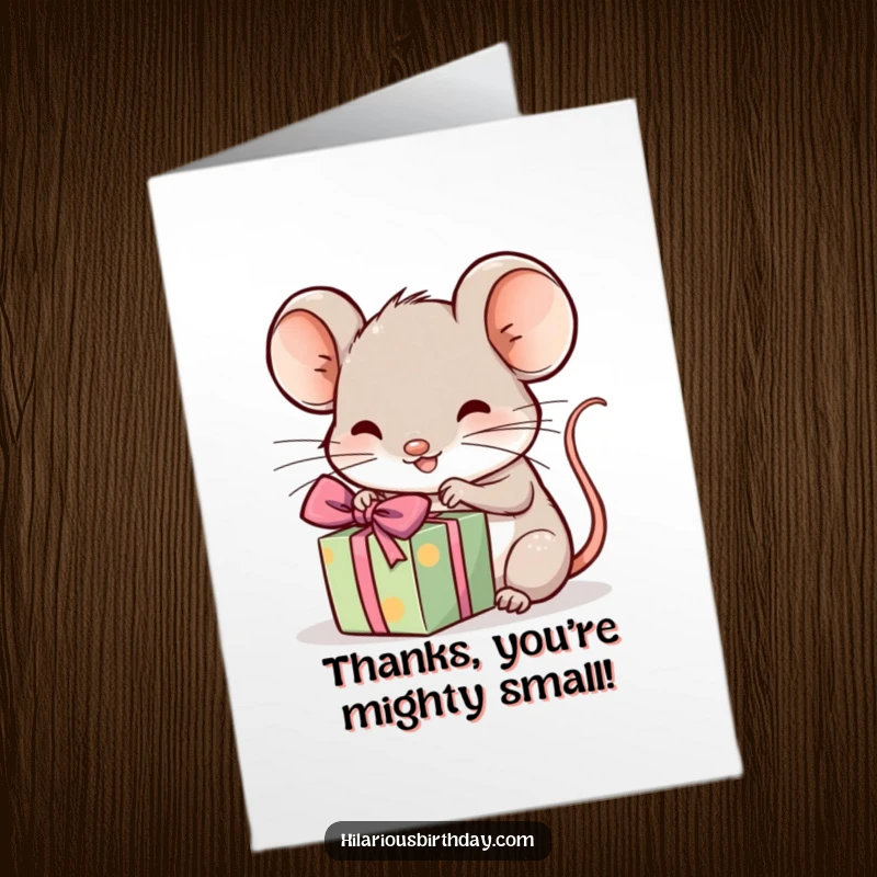 Funny Free Printable Thank You Card: A kawaii mouse excitedly unwrapping a tiny gift, showing thanks.