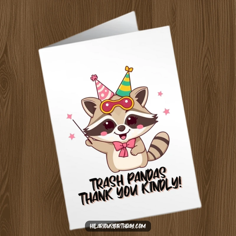 Funny Free Printable Thank You Card: A delighted raccoon in a party mask juggles party hats, offering thanks.