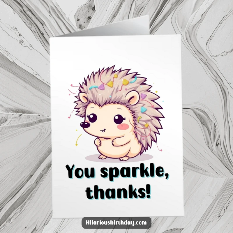 Funny Free Printable Thank You Card: A delighted Kawaii hedgehog covered in festive streamers and glitter, saying thank you.
