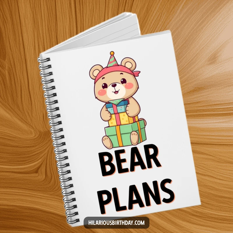 Funny notebook with a smiling bear in a birthday bandana, joyfully stacking colorful gift boxes, ideal for jotting down gift ideas.