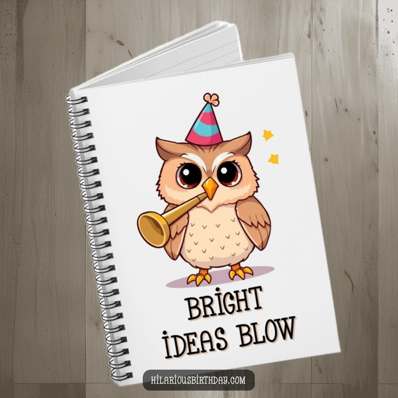 Funny notebook cover featuring a cheerful owl wearing a party hat and blowing a trumpet.