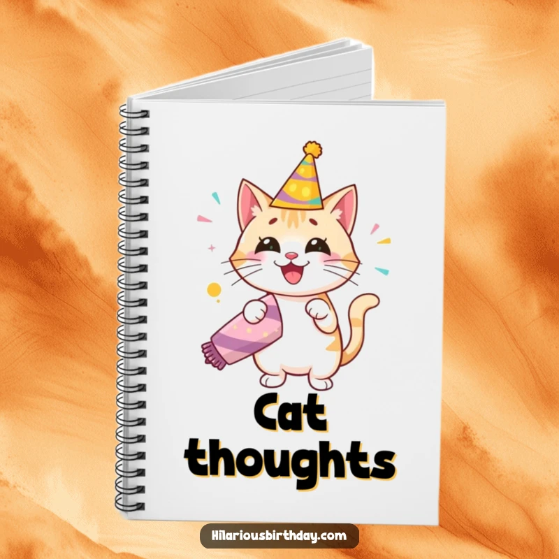 Funny notebook with a happy cat in a birthday hat, enthusiastically popping a giant party popper, ideal for jotting down birthday ideas.