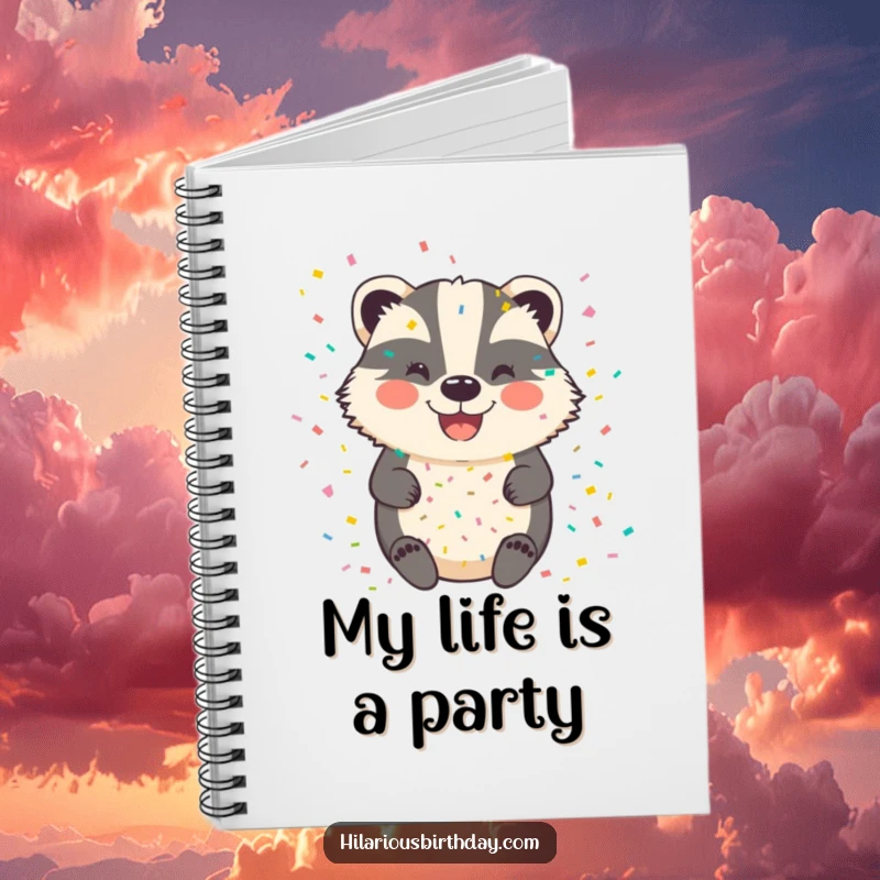 Funny badger notebook with a smiling badger character adorned with a generous amount of festive confetti.