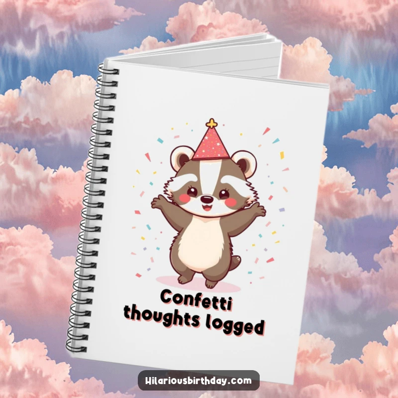 Funny notebook with a cute badger wearing a sparkly hat, perfect for jotting down celebration ideas or festive plans.