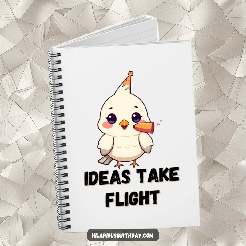 Funny notebook featuring a kawaii bird character wearing a tiny party blower in its beak, perfect for jotting down ideas and humorous notes.