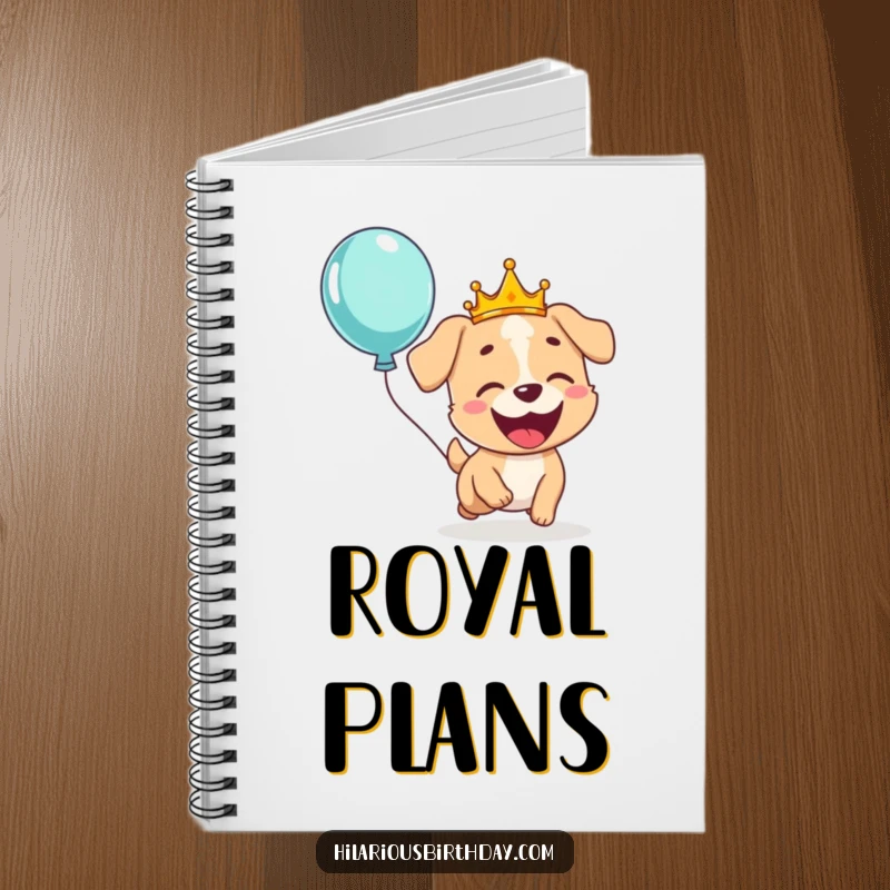 Funny notebook with a giggling dog wearing a crown, joyfully chasing a floating balloon, ideal for jotting down happy thoughts.